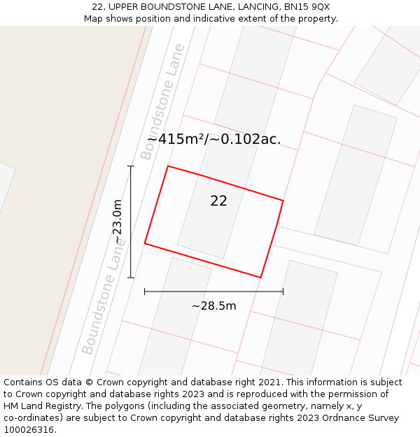 22, UPPER BOUNDSTONE LANE, LANCING, BN15 9QX: Plot and title map