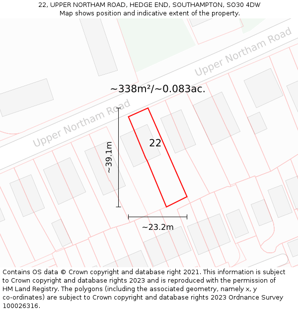 22, UPPER NORTHAM ROAD, HEDGE END, SOUTHAMPTON, SO30 4DW: Plot and title map