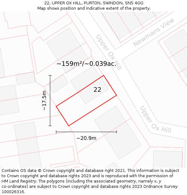 22, UPPER OX HILL, PURTON, SWINDON, SN5 4GG: Plot and title map