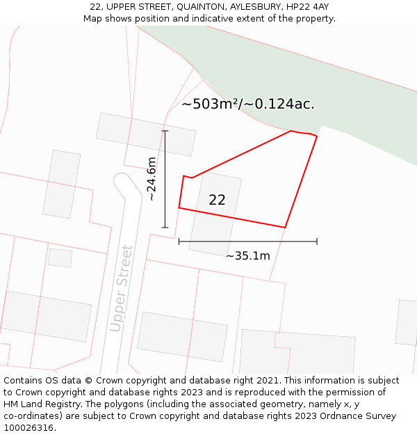 22, UPPER STREET, QUAINTON, AYLESBURY, HP22 4AY: Plot and title map