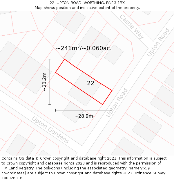 22, UPTON ROAD, WORTHING, BN13 1BX: Plot and title map