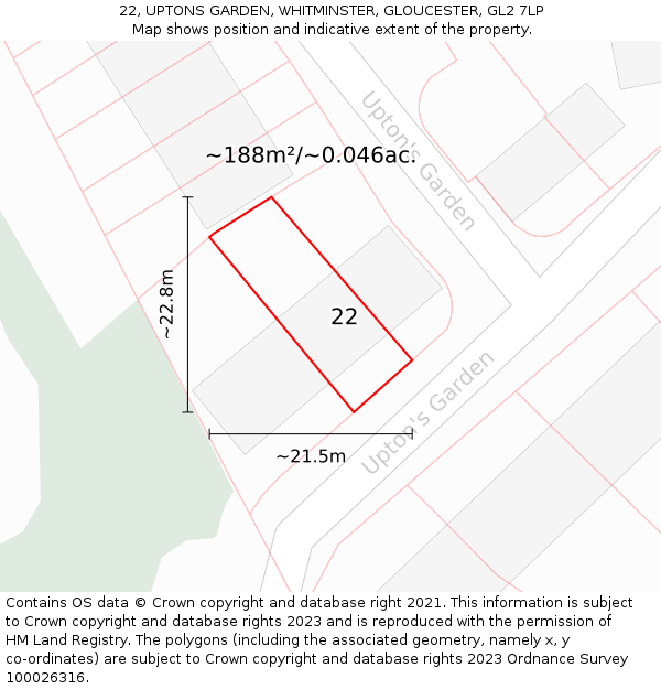 22, UPTONS GARDEN, WHITMINSTER, GLOUCESTER, GL2 7LP: Plot and title map