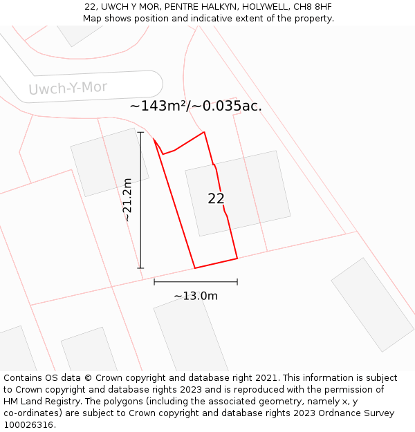 22, UWCH Y MOR, PENTRE HALKYN, HOLYWELL, CH8 8HF: Plot and title map