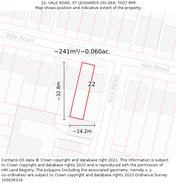 22, VALE ROAD, ST LEONARDS-ON-SEA, TN37 6PR: Plot and title map