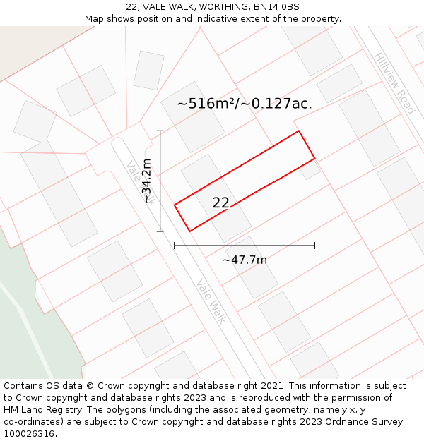 22, VALE WALK, WORTHING, BN14 0BS: Plot and title map