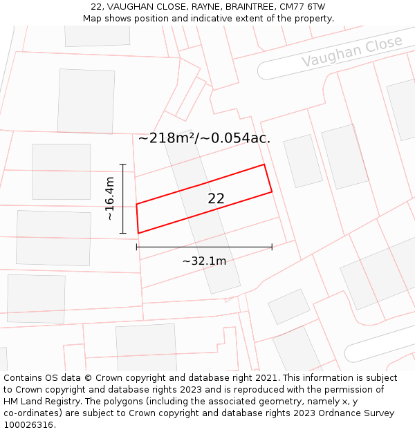 22, VAUGHAN CLOSE, RAYNE, BRAINTREE, CM77 6TW: Plot and title map