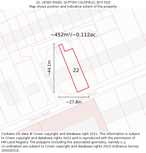 22, VESEY ROAD, SUTTON COLDFIELD, B73 5NZ: Plot and title map