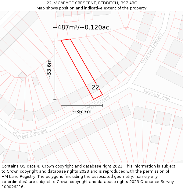 22, VICARAGE CRESCENT, REDDITCH, B97 4RG: Plot and title map