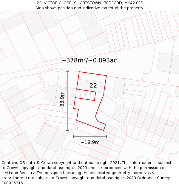 22, VICTOR CLOSE, SHORTSTOWN, BEDFORD, MK42 0FS: Plot and title map