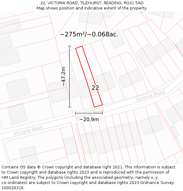 22, VICTORIA ROAD, TILEHURST, READING, RG31 5AD: Plot and title map