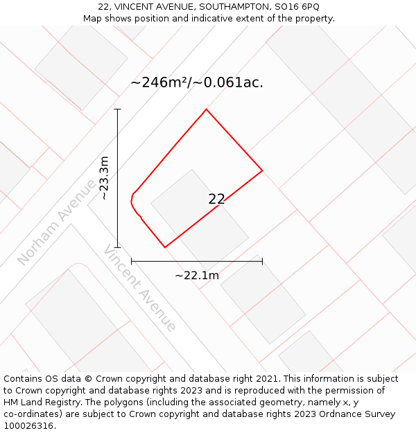 22, VINCENT AVENUE, SOUTHAMPTON, SO16 6PQ: Plot and title map