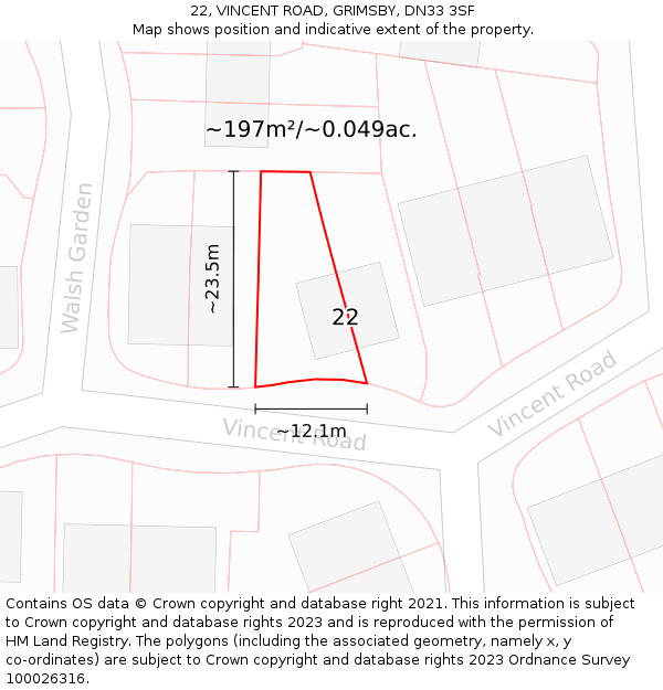 22, VINCENT ROAD, GRIMSBY, DN33 3SF: Plot and title map