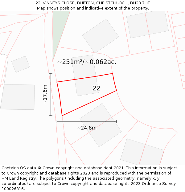 22, VINNEYS CLOSE, BURTON, CHRISTCHURCH, BH23 7HT: Plot and title map