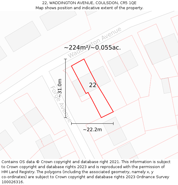 22, WADDINGTON AVENUE, COULSDON, CR5 1QE: Plot and title map