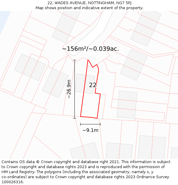 22, WADES AVENUE, NOTTINGHAM, NG7 5PJ: Plot and title map