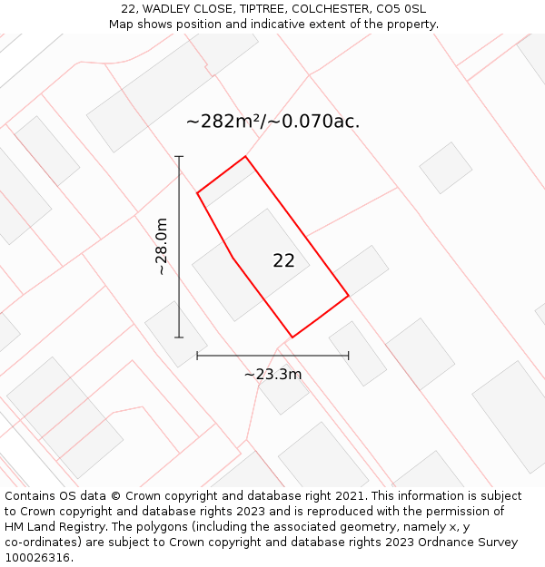 22, WADLEY CLOSE, TIPTREE, COLCHESTER, CO5 0SL: Plot and title map