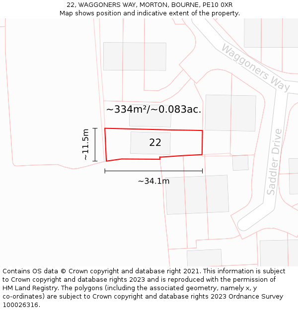 22, WAGGONERS WAY, MORTON, BOURNE, PE10 0XR: Plot and title map