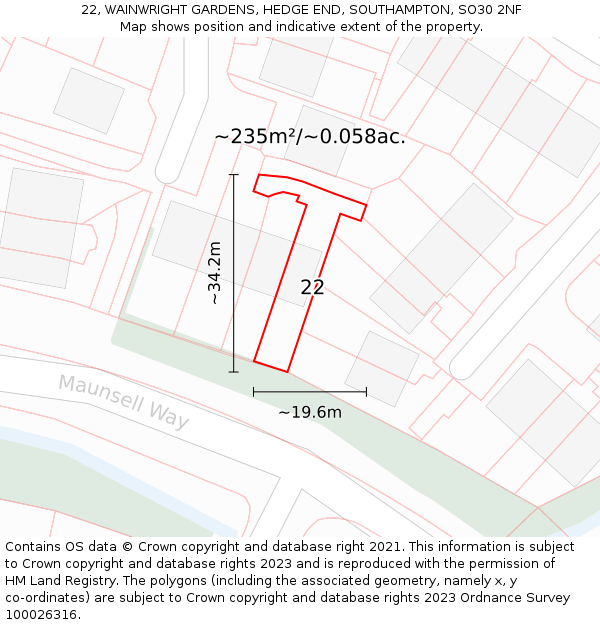 22, WAINWRIGHT GARDENS, HEDGE END, SOUTHAMPTON, SO30 2NF: Plot and title map