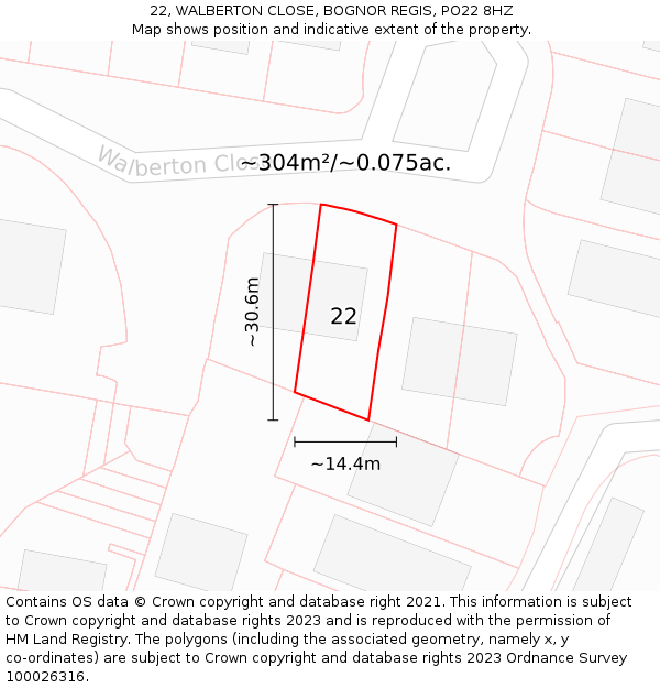 22, WALBERTON CLOSE, BOGNOR REGIS, PO22 8HZ: Plot and title map