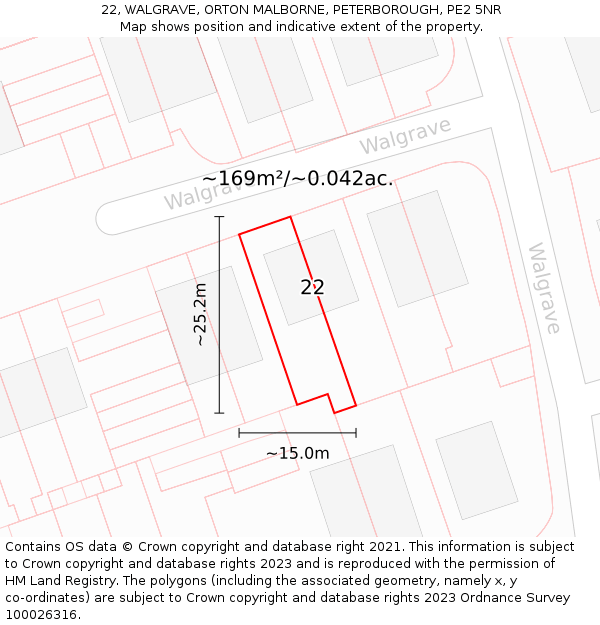 22, WALGRAVE, ORTON MALBORNE, PETERBOROUGH, PE2 5NR: Plot and title map