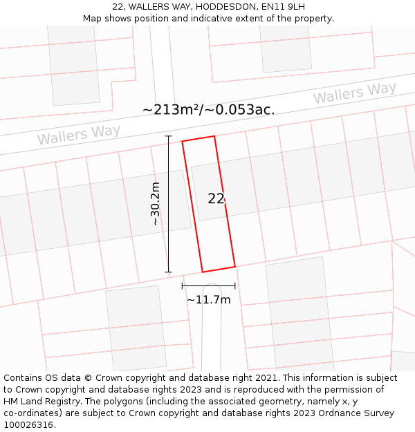 22, WALLERS WAY, HODDESDON, EN11 9LH: Plot and title map