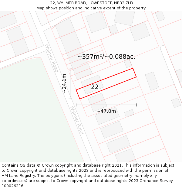 22, WALMER ROAD, LOWESTOFT, NR33 7LB: Plot and title map