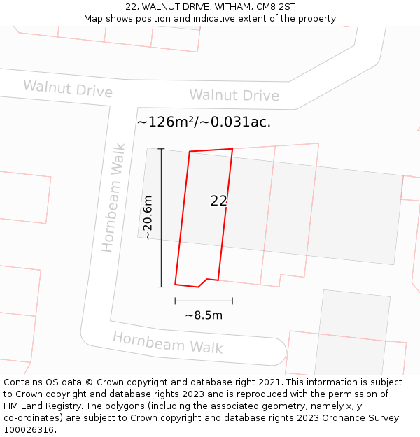 22, WALNUT DRIVE, WITHAM, CM8 2ST: Plot and title map