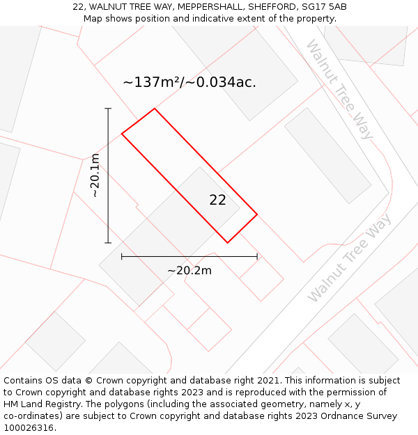 22, WALNUT TREE WAY, MEPPERSHALL, SHEFFORD, SG17 5AB: Plot and title map