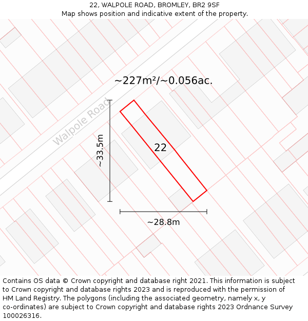 22, WALPOLE ROAD, BROMLEY, BR2 9SF: Plot and title map