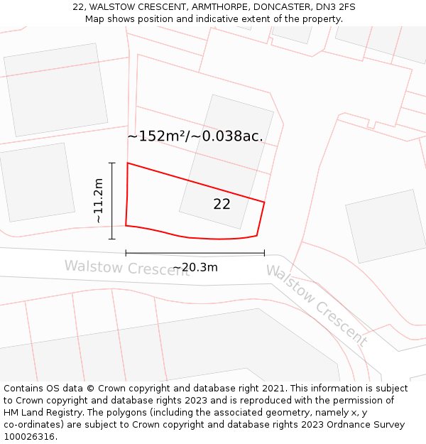 22, WALSTOW CRESCENT, ARMTHORPE, DONCASTER, DN3 2FS: Plot and title map
