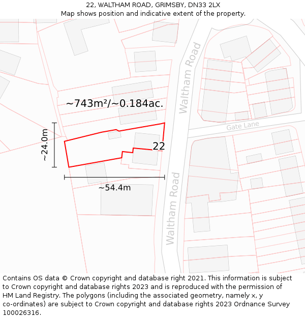 22, WALTHAM ROAD, GRIMSBY, DN33 2LX: Plot and title map