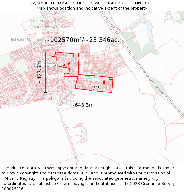 22, WARREN CLOSE, IRCHESTER, WELLINGBOROUGH, NN29 7HF: Plot and title map