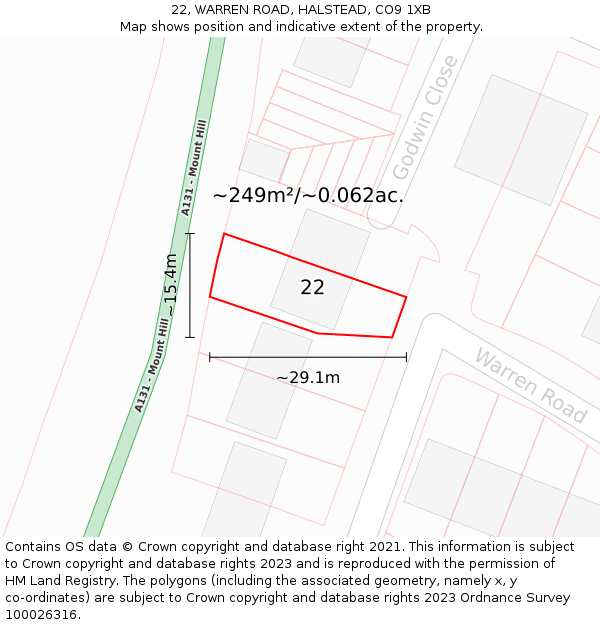 22, WARREN ROAD, HALSTEAD, CO9 1XB: Plot and title map