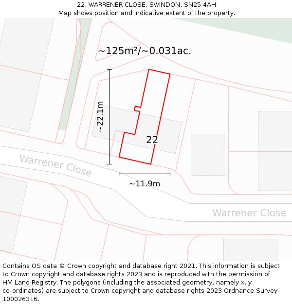 22, WARRENER CLOSE, SWINDON, SN25 4AH: Plot and title map