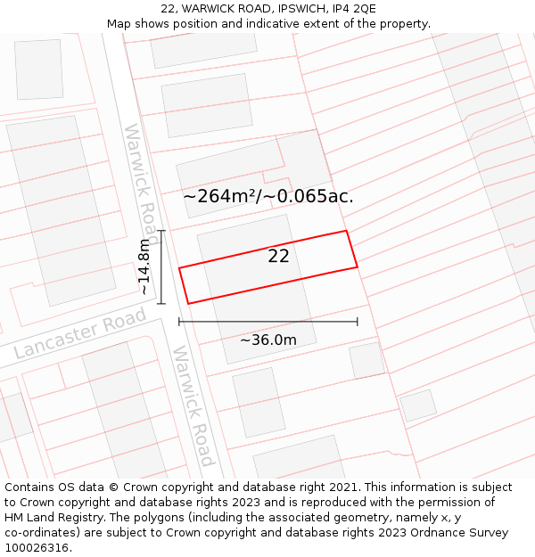 22, WARWICK ROAD, IPSWICH, IP4 2QE: Plot and title map