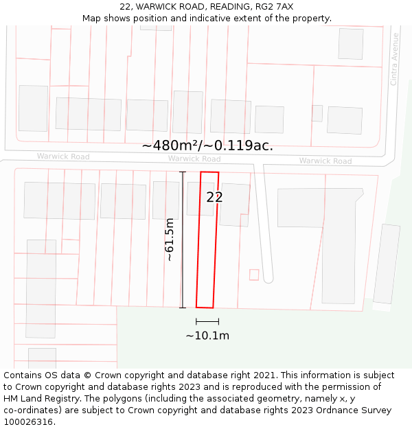 22, WARWICK ROAD, READING, RG2 7AX: Plot and title map