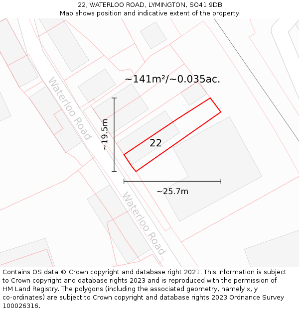 22, WATERLOO ROAD, LYMINGTON, SO41 9DB: Plot and title map