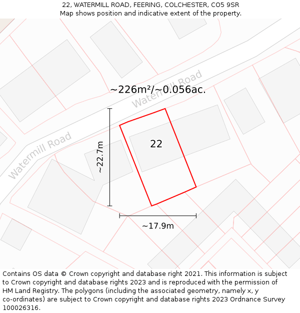 22, WATERMILL ROAD, FEERING, COLCHESTER, CO5 9SR: Plot and title map