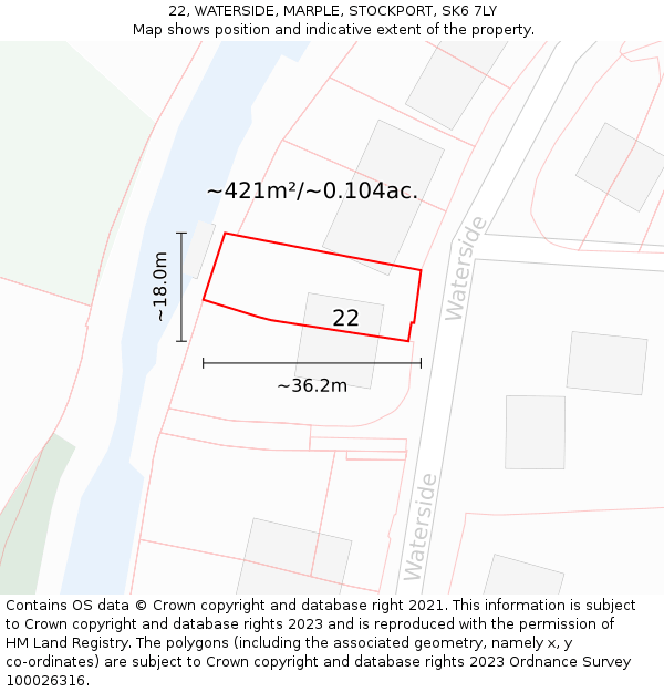 22, WATERSIDE, MARPLE, STOCKPORT, SK6 7LY: Plot and title map