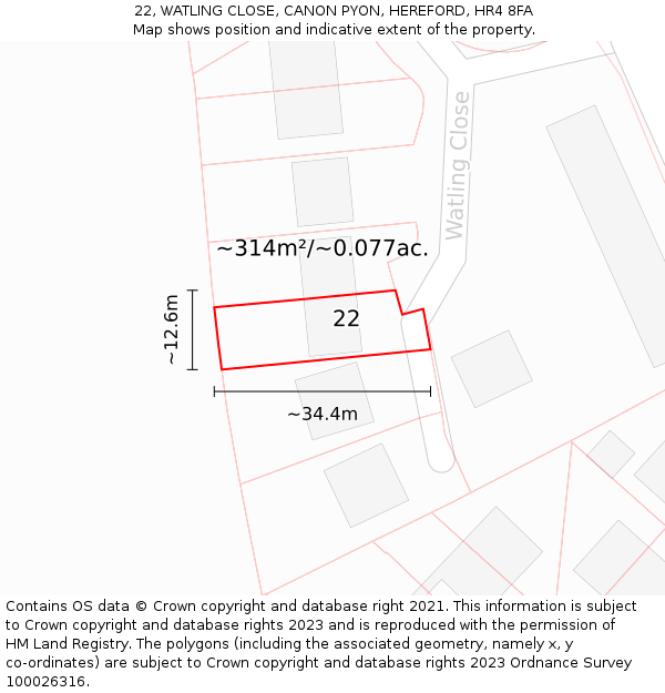 22, WATLING CLOSE, CANON PYON, HEREFORD, HR4 8FA: Plot and title map