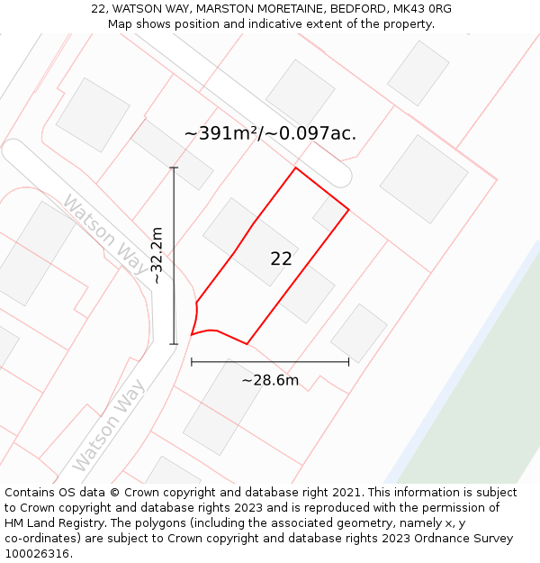 22, WATSON WAY, MARSTON MORETAINE, BEDFORD, MK43 0RG: Plot and title map