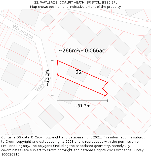 22, WAYLEAZE, COALPIT HEATH, BRISTOL, BS36 2PL: Plot and title map