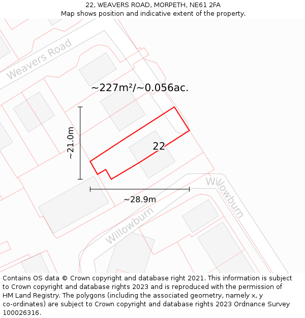 22, WEAVERS ROAD, MORPETH, NE61 2FA: Plot and title map