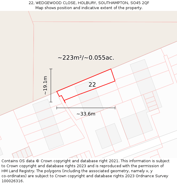 22, WEDGEWOOD CLOSE, HOLBURY, SOUTHAMPTON, SO45 2QF: Plot and title map