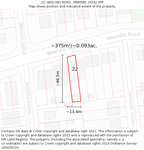 22, WEELSBY ROAD, GRIMSBY, DN32 0PP: Plot and title map