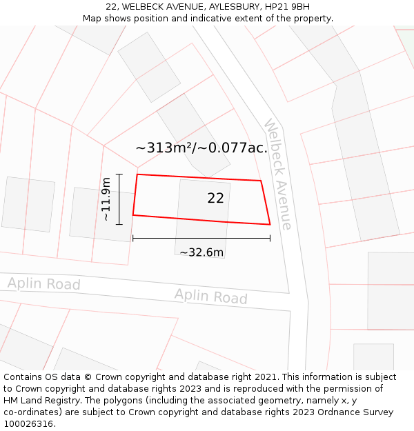 22, WELBECK AVENUE, AYLESBURY, HP21 9BH: Plot and title map