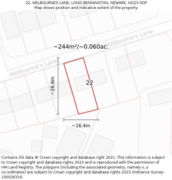 22, WELBOURNES LANE, LONG BENNINGTON, NEWARK, NG23 5DP: Plot and title map