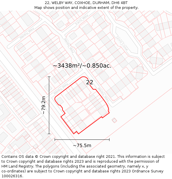 22, WELBY WAY, COXHOE, DURHAM, DH6 4BT: Plot and title map