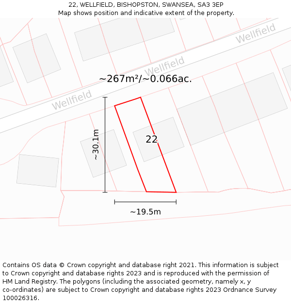 22, WELLFIELD, BISHOPSTON, SWANSEA, SA3 3EP: Plot and title map