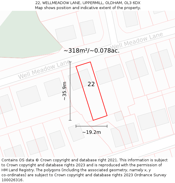 22, WELLMEADOW LANE, UPPERMILL, OLDHAM, OL3 6DX: Plot and title map